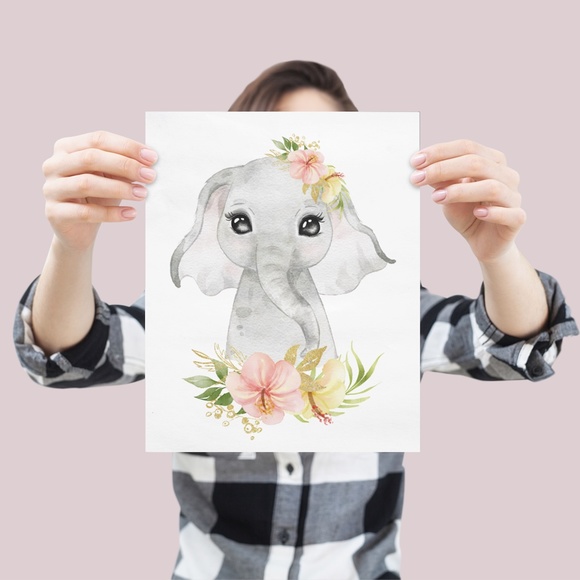 Cute Watercolor Floral Elephant Wall Art Print Poster Unframed - Picture 6 of 15